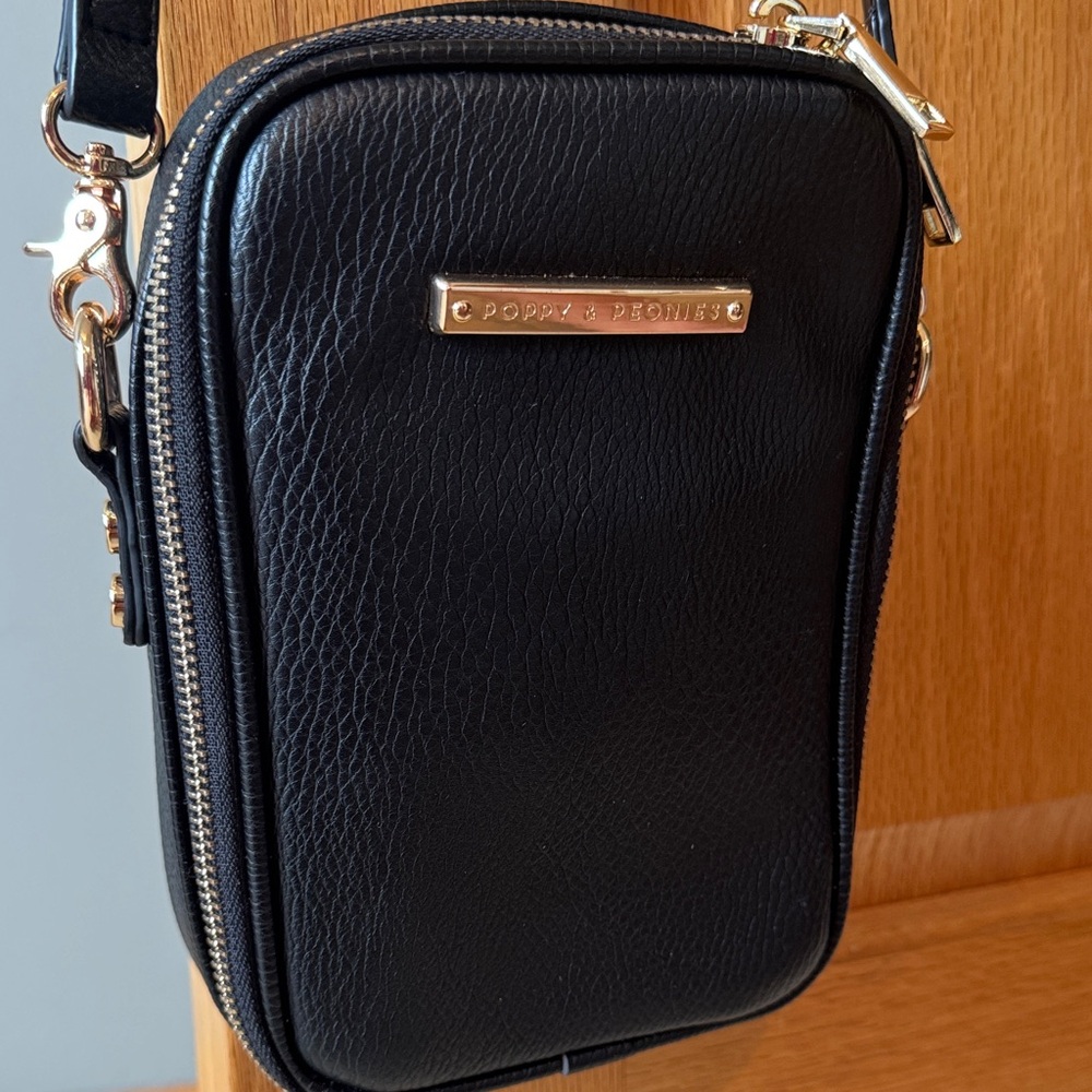 Poppy & Peonies Black Leather Crossbody